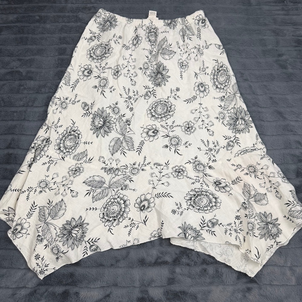 Aegean Linen Floral Handkerchief Hem Skirt White Black Boho Midi Large